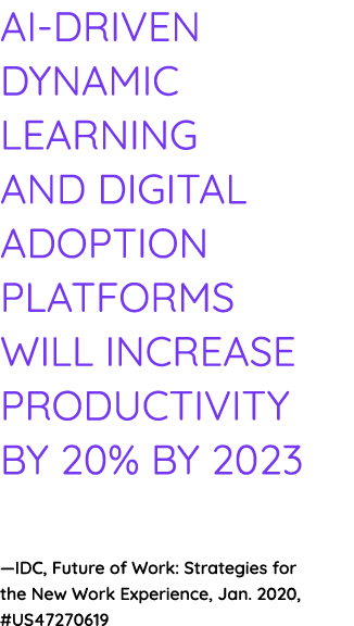 AI-driven dynamic learning and digital adoption platforms will increase productivity by 20% by 2023  —IDC, Future of    