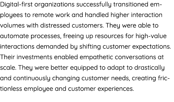 Digital-first organizations successfully transitioned employees to remote work and handled higher interaction volumes   